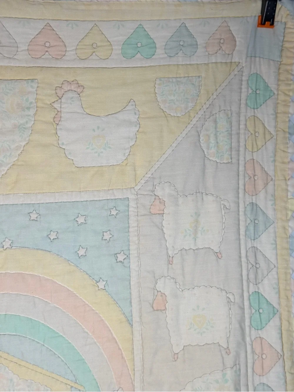 Vintage Noahs Ark Baby Crib Blanket Quilt Pastel Animals Hearts Ruffle Border